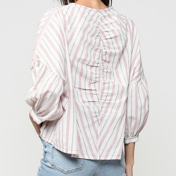 New BLUHEAVEN by Umgee S cotton striped Bishop sleeve casual ruched loose top - Picture 6 of 8